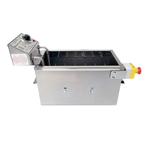 Left side of stainless steel fryer, deep narrow rectangle oil tank. Control panel rear mounted above oil tank with skewer clips inside tank. 