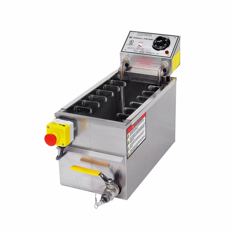Fryer with narrow rectangle oil tank, right front mounted safety drain with yellow handle, left front mounted emergency stop button. Control panel rear mounted above oil tank. Skewer clips inside tank.