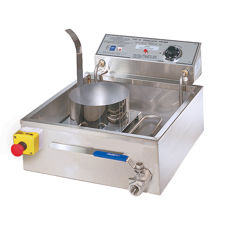Small donut fryer with shallow oil tank, tubular heating elements in the tank. Funnel cake fryer ring sits inside the tank with a front mounted drain plug with a blue handle.
