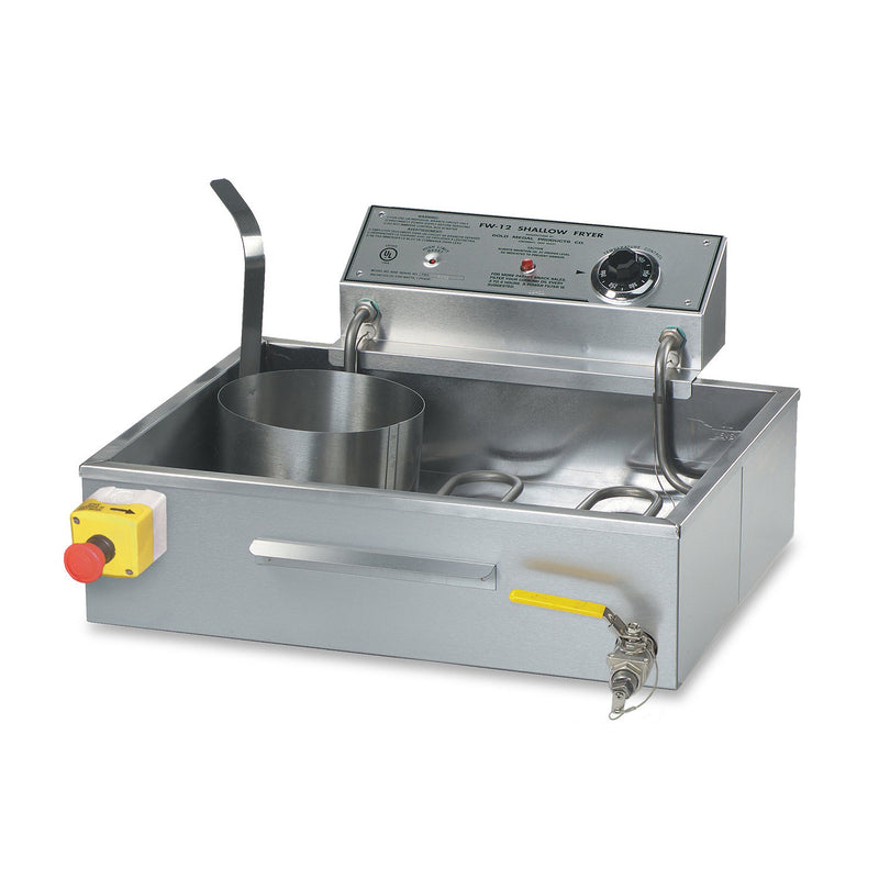 Small funnel cake fryer with shallow tank, tubular heating elements in the tank. Funnel cake fryer ring sits inside the take, with a front mounted drain plug with a yellow handle.