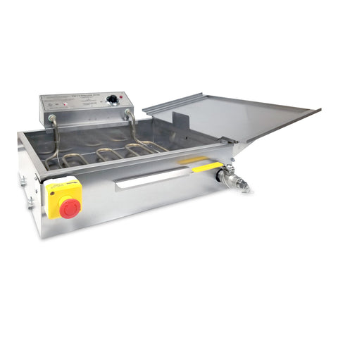 Fryer with tubular heating element in tank, yellow and red emergency stop button on front left side, oil drain with yellow handle on front right side with metal flat shelf attached on the right side of the fryer.