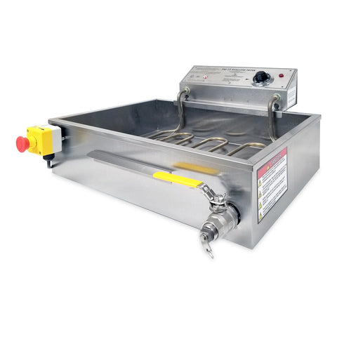 Fryer with tubular heating element in tank, yellow and red emergency stop button on front left side, oil drain with yellow handle on front right side. Warning label affixed to right side of tank.