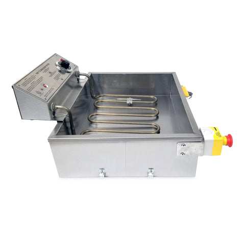 Left side view of small funnel cake fryer with shallow tank, tubular heating elements in the tank.  Back mounted control panel with dial knob. Front right mounted drain plug with a yellow handle and front left mounted yellow emergency stop with red button.