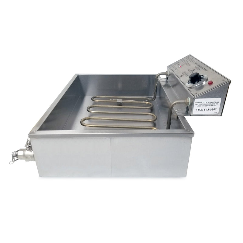 Right side view of small funnel cake fryer with shallow tank, tubular heating elements in the tank.  Back mounted control panel with dial knob and a front mounted drain plug with a yellow handle.