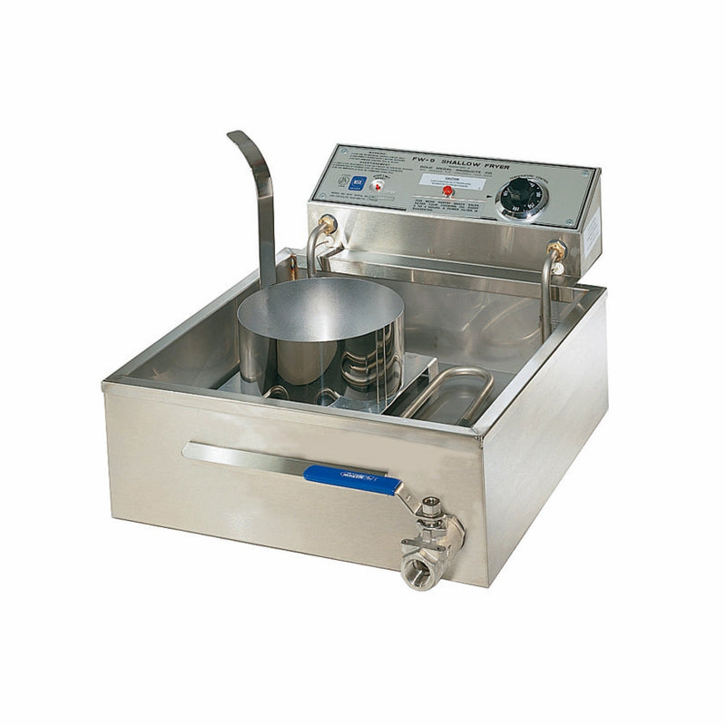 Small funnel cake fryer with shallow tank, tubular heating elements in the tank. Funnel cake fryer ring sits inside the tank with a front mounted drain plug with a blue handle.