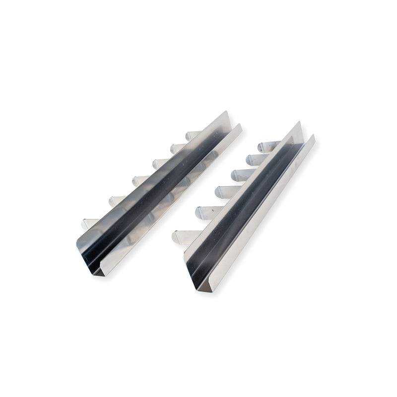 Two steel bars that sit on fryer tank edge with skewer clips, showing underside channel that sits on the tank edge.