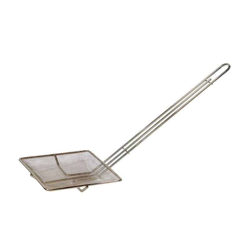 Square shaped metal skimmer to use in funnel cake fryers.