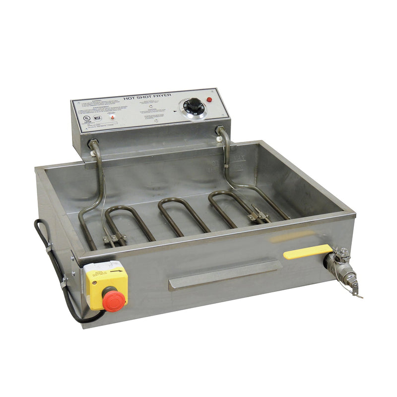 Stainless steel funnel cake fryer, tubular heat element in tank, right front mounted safety drain with yellow handle, left front mounted emergency stop button. Control panel rear mounted above oil tank.
