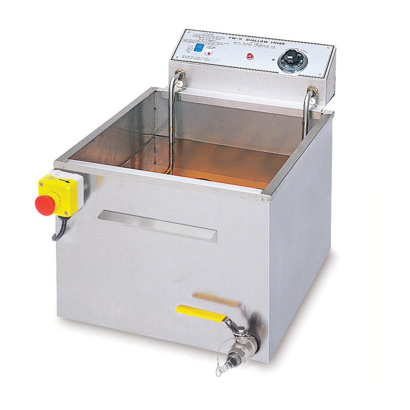 Stainless steel fryer, deep square oil tank, right front mounted safety drain with yellow handle, left front mounted emergency stop button. Control panel rear mounted above oil tank.