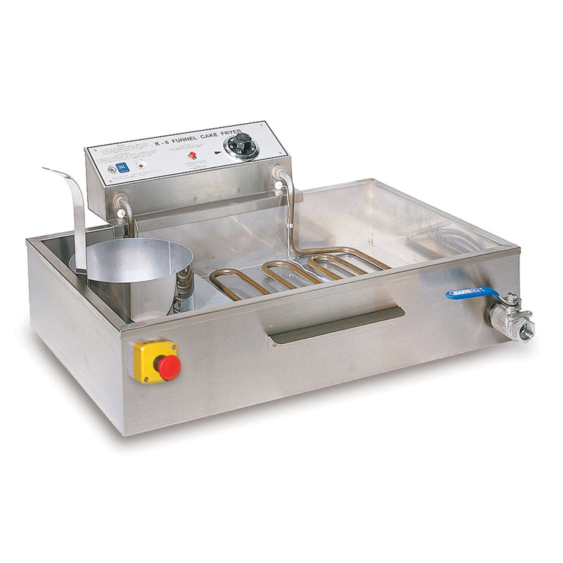 Stainless steel funnel cake fryer, tubular heat element in tank, funnel cake ring mold, right front mounted safety drain with blue handle, left front mounted emergency stop button. Control panel rear mounted above oil tank.