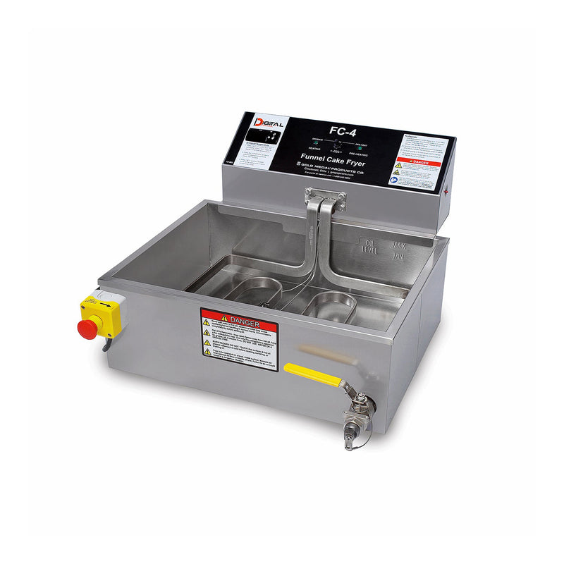 Stainless steel funnel cake fryer, ribbon heat element in tank, right front mounted safety drain with yellow handle, left front mounted emergency stop button. Digital control panel rear mounted above oil tank.