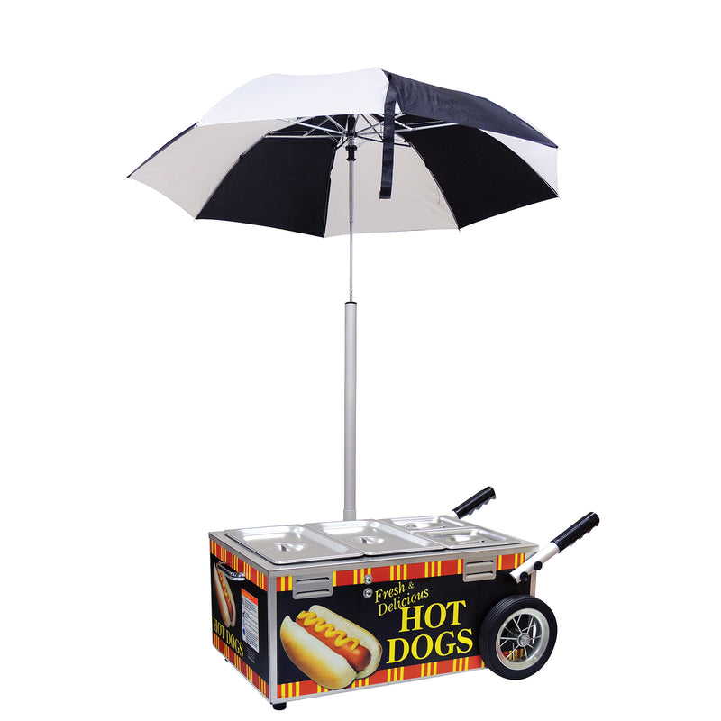 Hot dog steamer with image of a hot dog on side. Four compartments with lids and black and white wide striped umbrella.