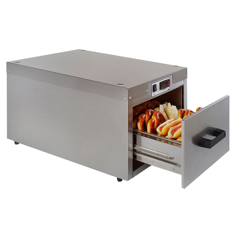Rectangle stainless steel food warming drawer shown with black handle, open with pretzels inside.