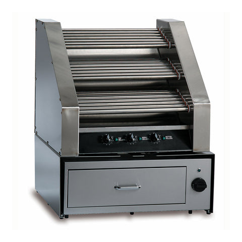 Three tier slanted hot dog roller grill, stainless steel rollers, sitting on top of bun cabinet warmer, drawer with handle and control on right side.