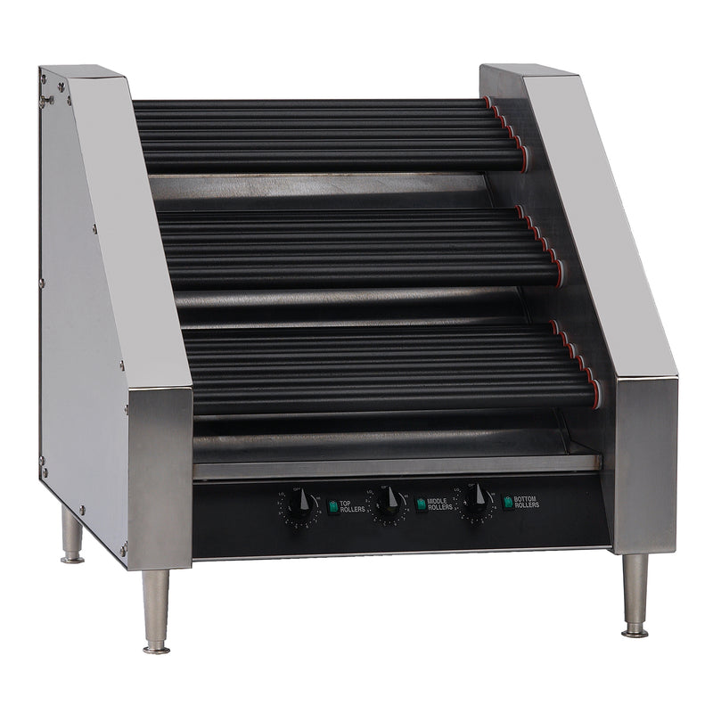 Three tier slanted hot dog roller grill, non-stick black rollers, stainless steel sides, knob controls on front panel. Standing on 4 legs.