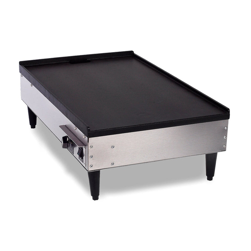 Counter top griddle with a black flat top, stainless steel base, control panel and four black legs.