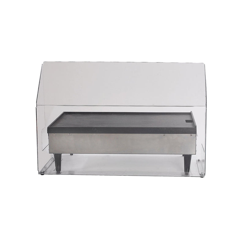Clear sneeze guard set around a griddle with a stainless steel base and black top and legs.