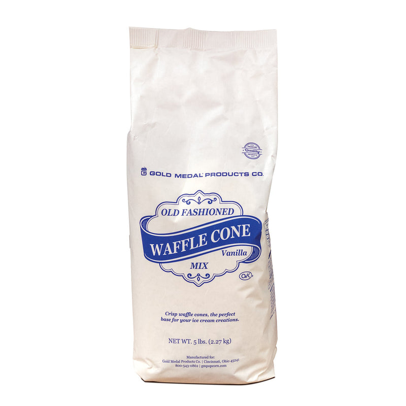 White bag with blue print of waffle cone mix.