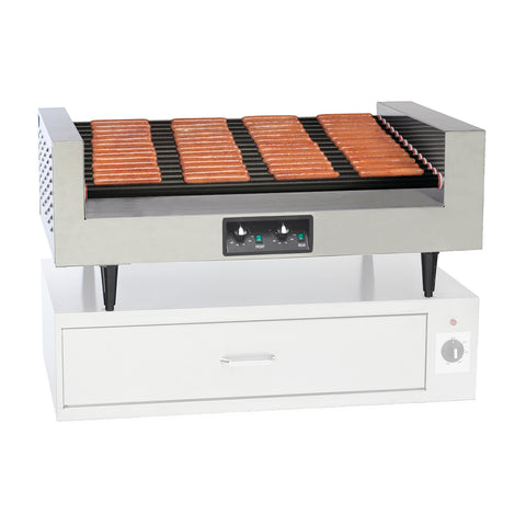 Stainless steel hot dog roller grill with non-stick black rollers, control panel on the front, black legs, standing on stainless steel bun cabinet.