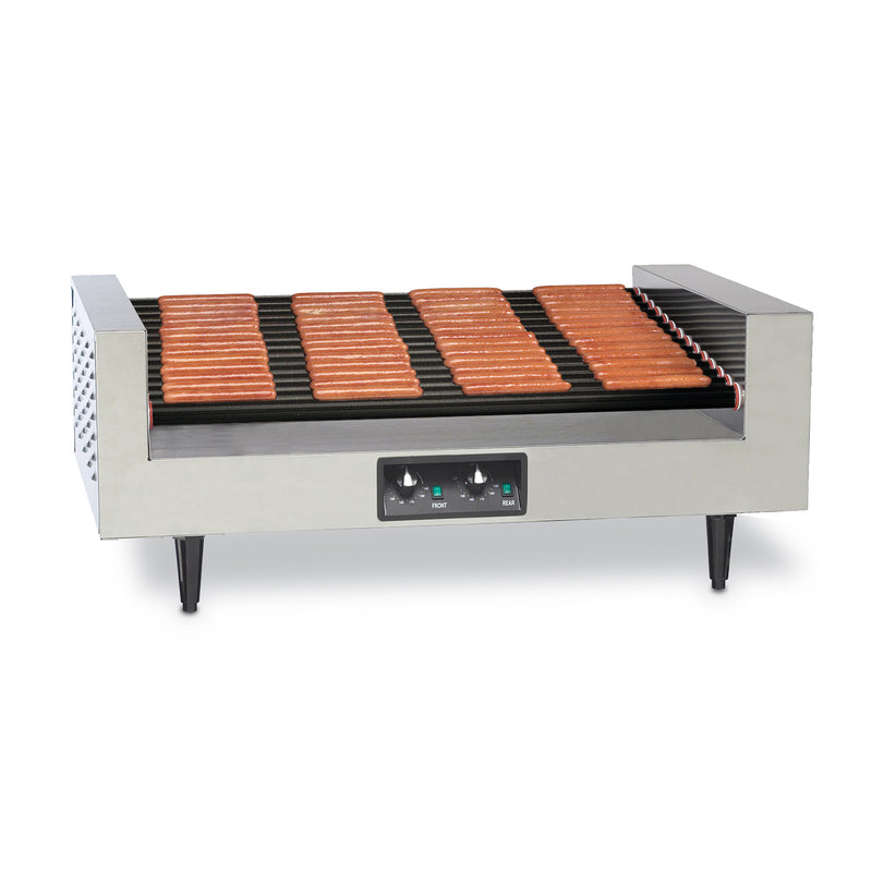 Stainless steel hot dog roller grill with non-stick black rollers, control panel on the front, with black legs.