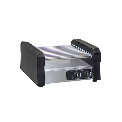 Hot dog roller grill with stainless steel rollers and bottom, black sides and control panel on the front of the machine.