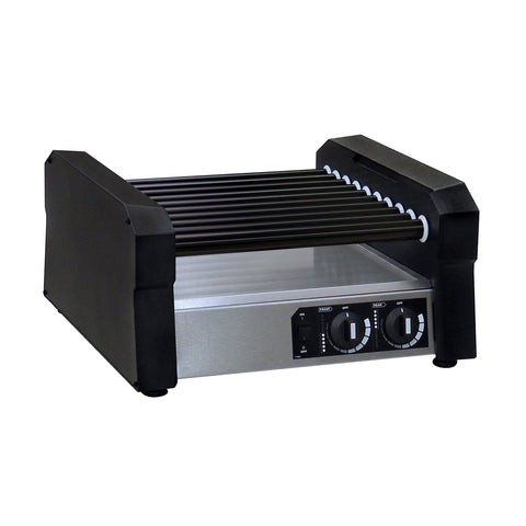 Hot dog roller grill with non-stick black roller bars, stainless steel bottom, black sides and control panel on the front of the machine.