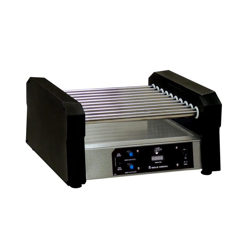 Hot dog roller grill with stainless steel rollers and bottom, black sides and control panel on the front of the machine.
