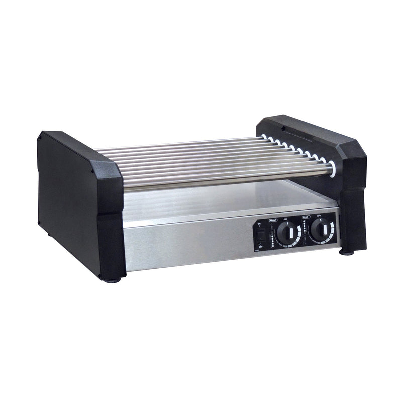 Hot dog roller grill with stainless steel rollers and bottom, black sides and control panel on the front of the machine.
