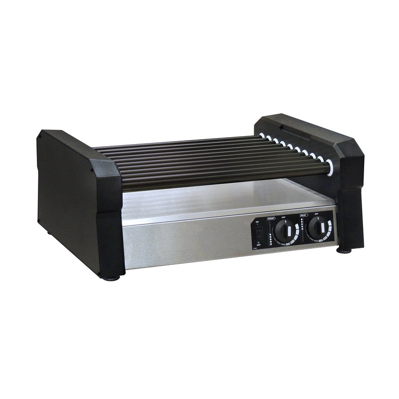 Hot dog roller grill with non-stick black roller bars, stainless steel bottom, black sides and control panel on the front of the machine.