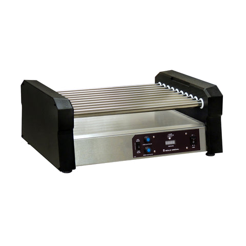 Hot dog roller grill with stainless steel rollers and bottom, black sides and control panel on the front of the machine.