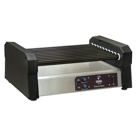 Hot dog roller grill with non-stick black roller bars, stainless steel bottom, black sides and control panel on the front of the machine.