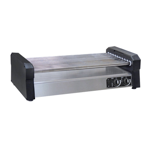 Hot dog roller grill with stainless steel rollers and bottom, black sides and control panel on the front of the machine.