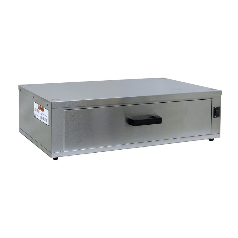Stainless steel bun cabinet with black handle.