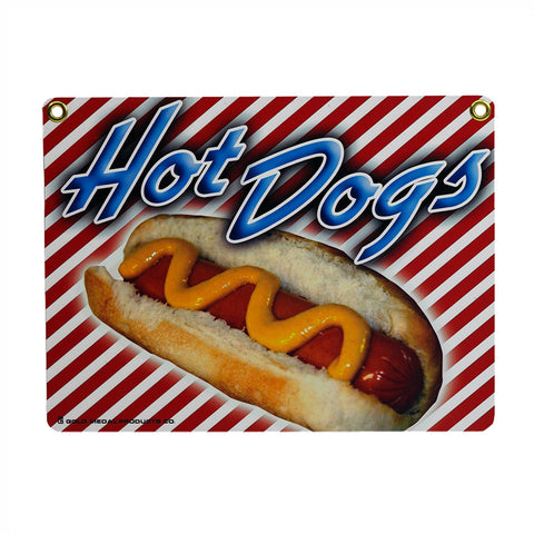 Red and white striped rectangle sign, hot dog with ketchup and mustard and the word hot dog in blue letters.