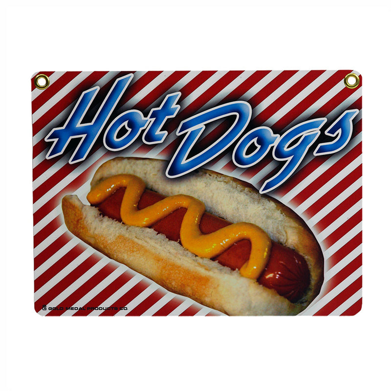 Red and white striped rectangle sign, hot dog with ketchup and mustard and the word hot dog in blue letters.