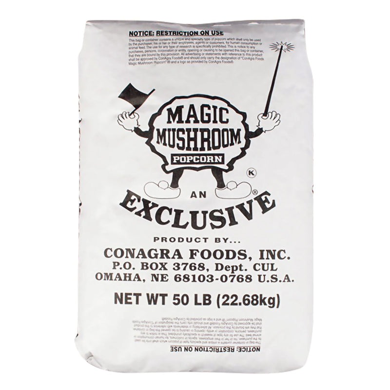50lb of magic mushroom popcorn in a white bag with black print.
