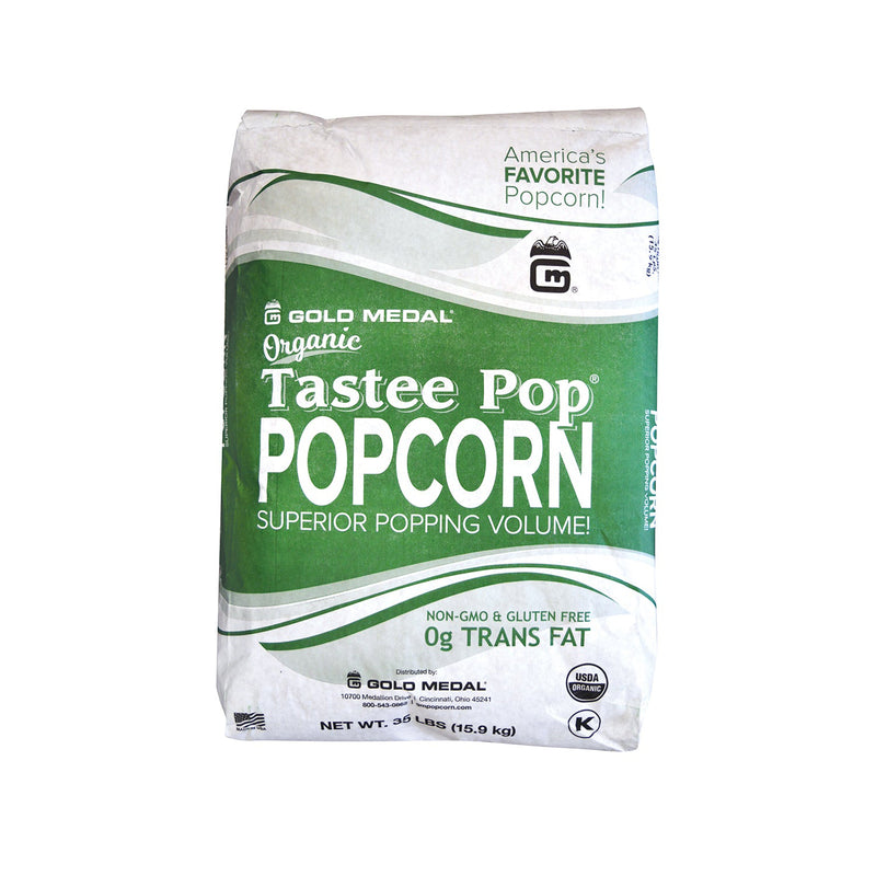 50lb pound of organic tastee pop butterfly popcorn in a white bag with green print.