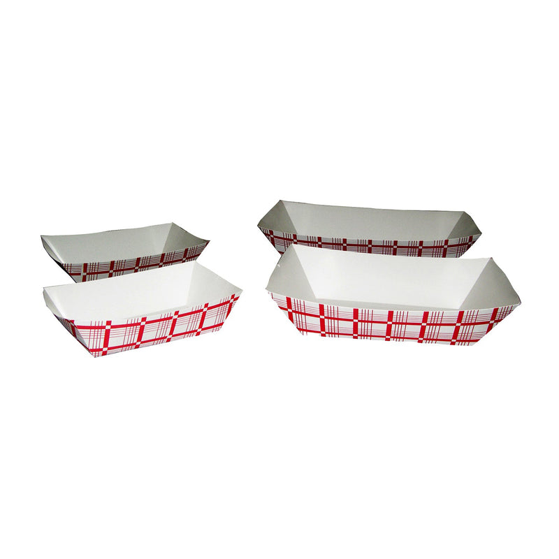 Two small and two large red and white paper food trays.