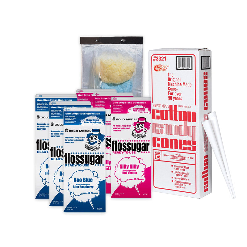Three cartons of blue raspberry flossugar, three cartons of pink vanilla flossugar, box of cotton candy cones, and a packet of clear bags.