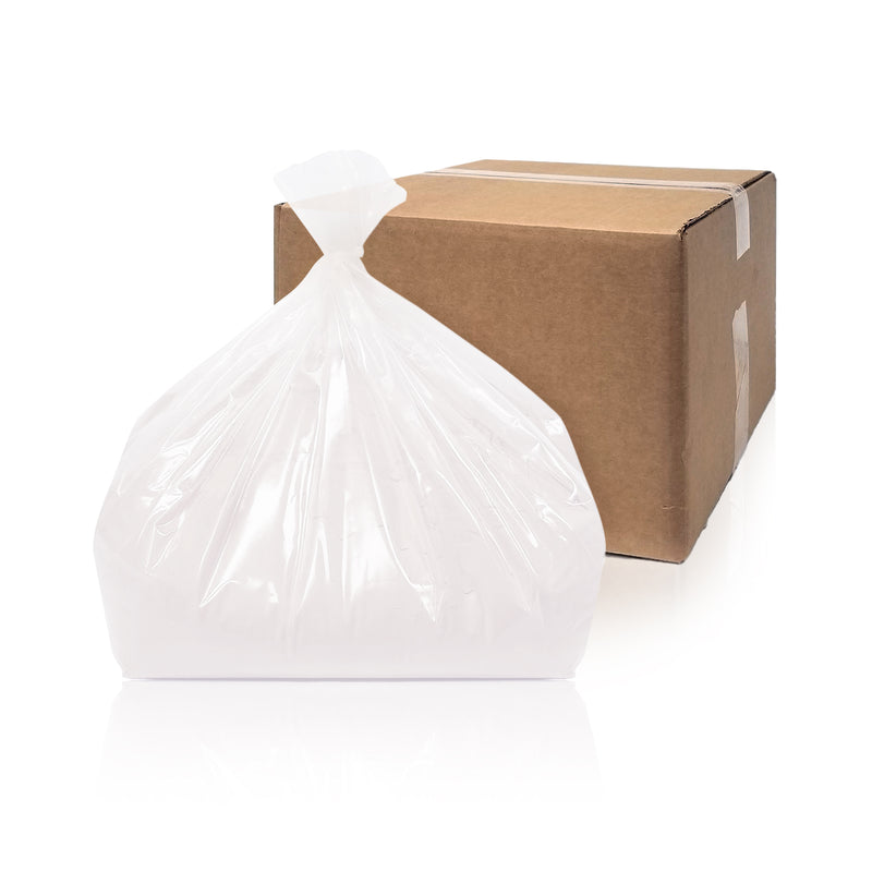 Transparent bag on white background in front of a brown box.