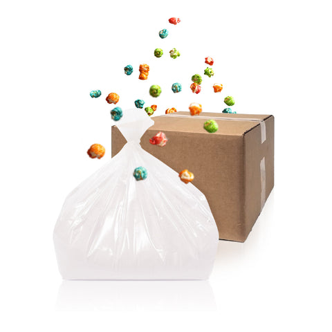 Transparent bag filled with material in front of a brown box and colorful popcorn surrounds them