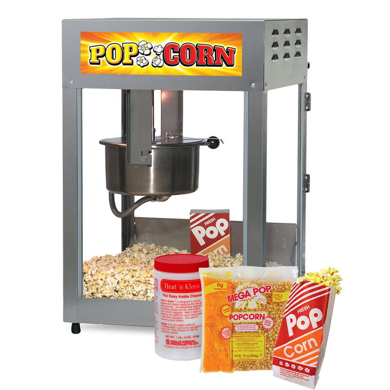 Twelve ounce stainless steel popcorn machine, container of heat and clean kettle cleaners, mega pop corn, oil, salt kit and popcorn bags.
