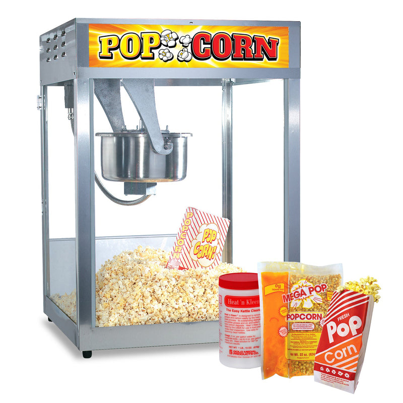 Sixteen ounce stainless steel popcorn machine, container of heat and clean kettle cleaner, mega pop popcorn, salt, oil kits and popcorn bags.