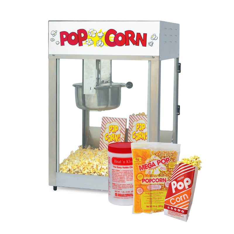 Eight ounce stainless steel popcorn machine with container of heat and cleaner kettle cleaner, eight ounce mega pop corn oil salt kit and red and white popcorn bags.
