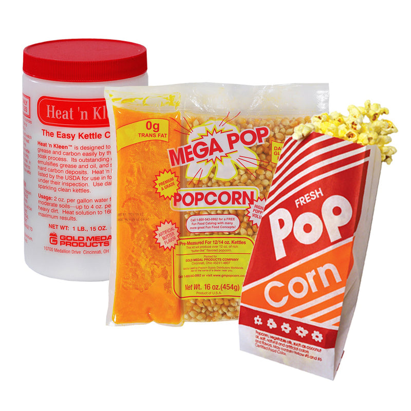 Container of heat and clean kettle cleaner, popcorn oil salt Mega Pop kits and red and white popcorn bags for twelve ounce poppers.
