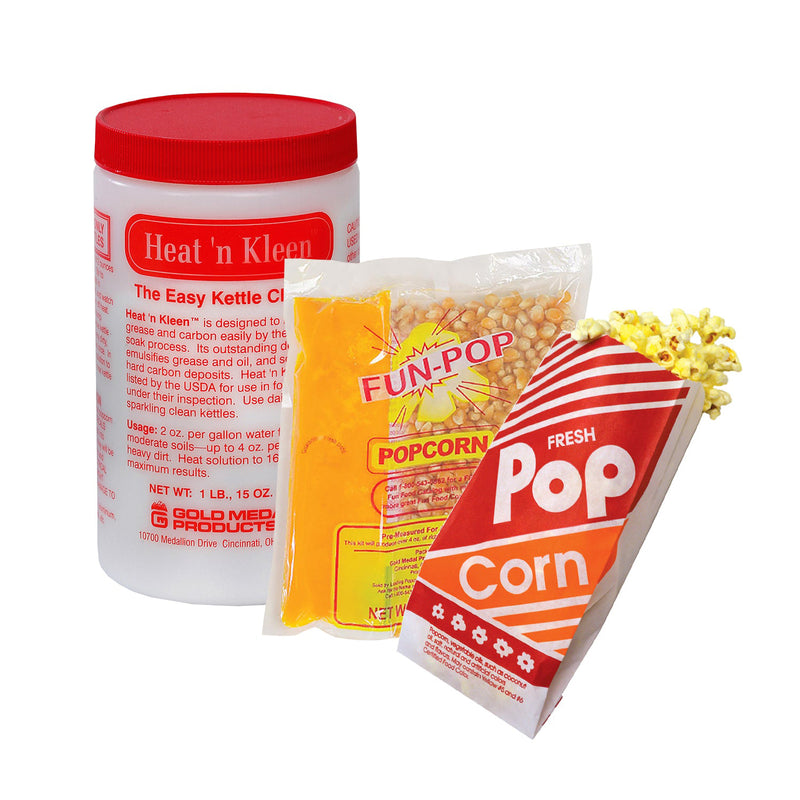Container of heat and clean kettle cleaner, popcorn oil salt Fun Pop kit and red and white popcorn bags for four ounce poppers.