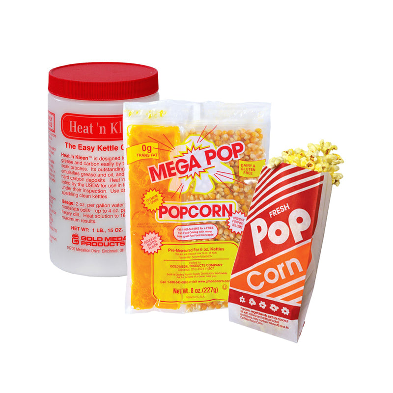 Container of heat and clean kettle cleaner, popcorn oil salt Mega Pop kits and red and white popcorn bags for six ounce poppers.