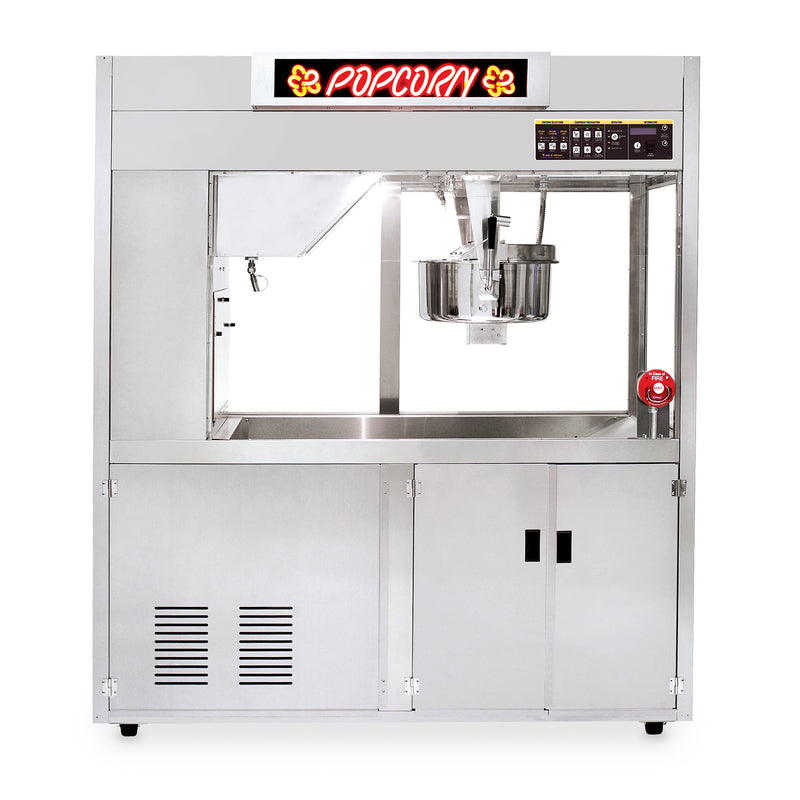 Stainless steel Popclean elite popcorn machine with membrane controls and single kettle. 